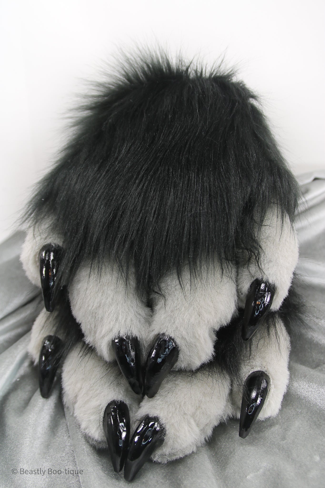 Grey and Black Faux Fur Cat Paw Gloves with Resin Claws