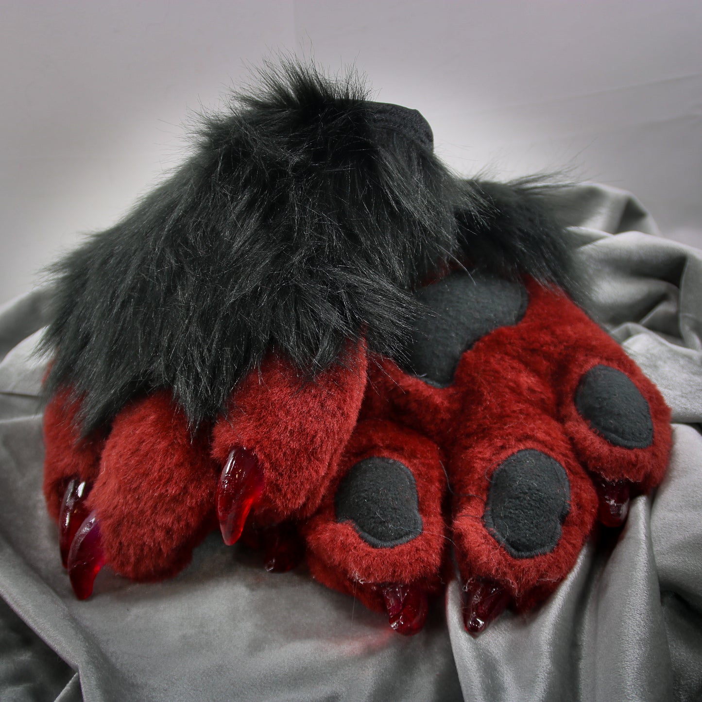 Dark Red and Black Faux Fur Cat Paw Gloves with Resin Claws