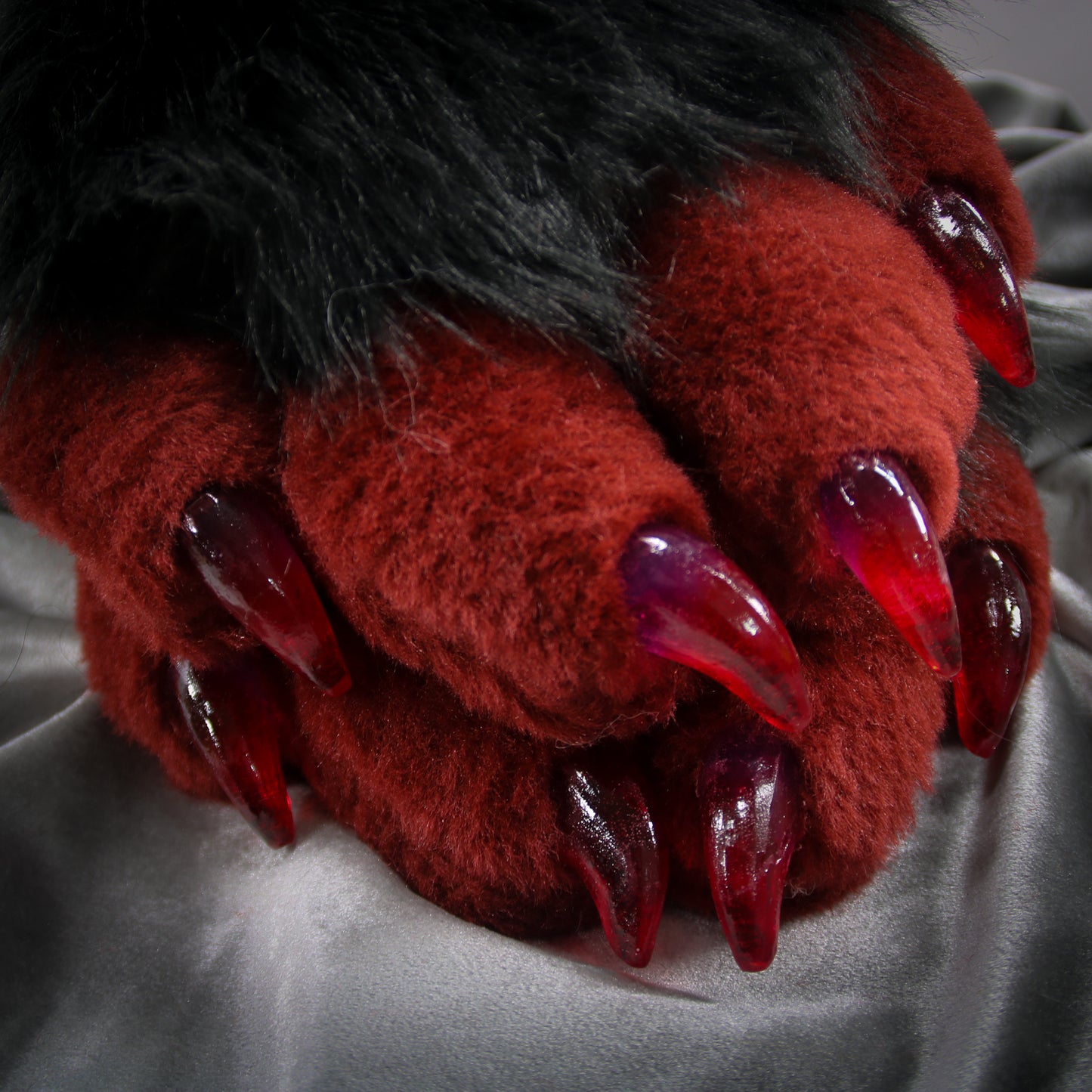 Dark Red and Black Faux Fur Cat Paw Gloves with Resin Claws