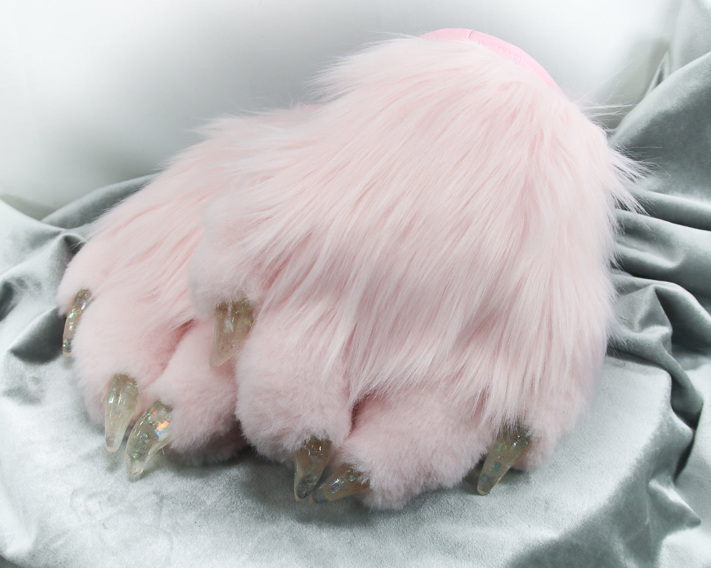 Pink and Cream Faux Fur Cat Paw Gloves with Resin Claws