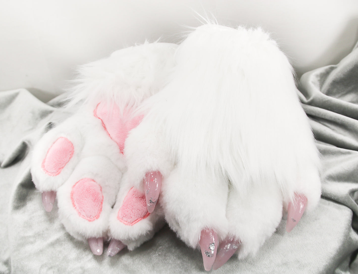 Pink and White Faux Fur Cat Paw Gloves with Resin Claws