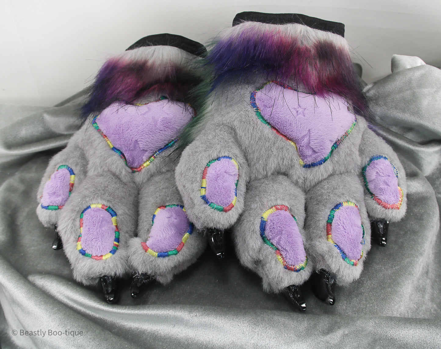 Dark Rainbow Faux Fur Cat Paw Gloves with Resin Claws