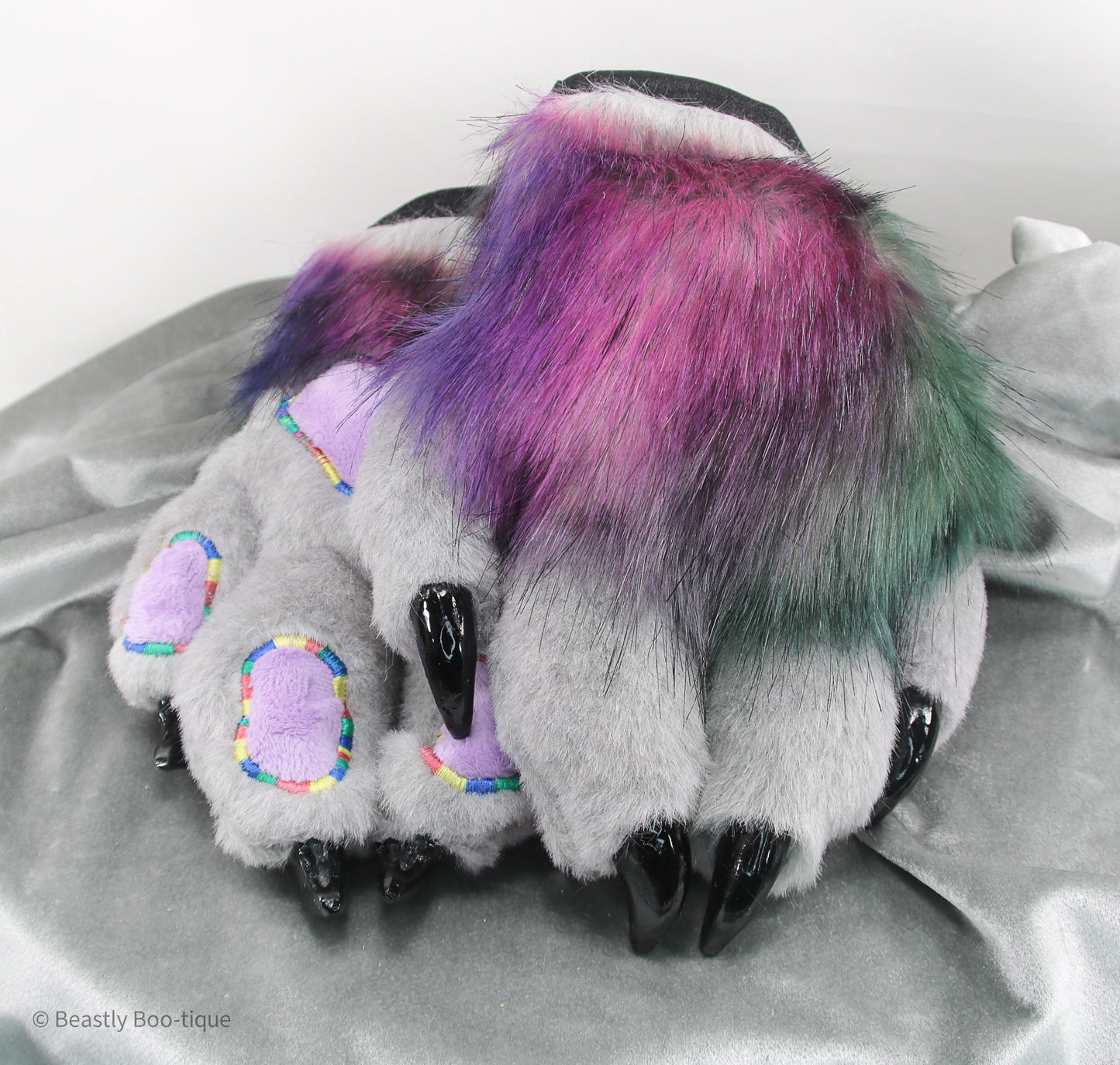 Dark Rainbow Faux Fur Cat Paw Gloves with Resin Claws