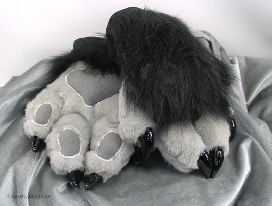 Grey and Black Faux Fur Cat Paw Gloves with Resin Claws